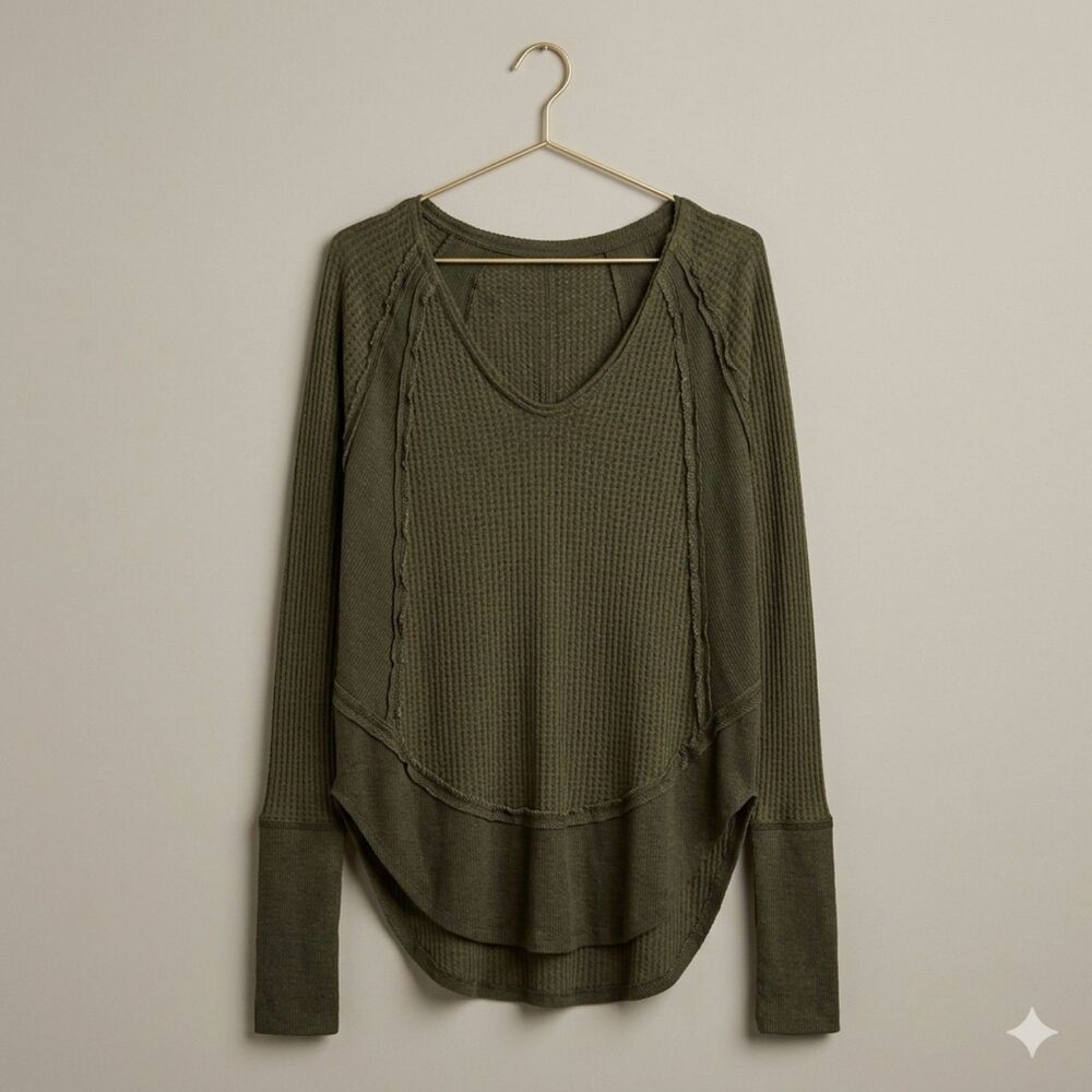 Free People We The Free Catalina Thermal Waffle Knit Olive Green Top Small EUC